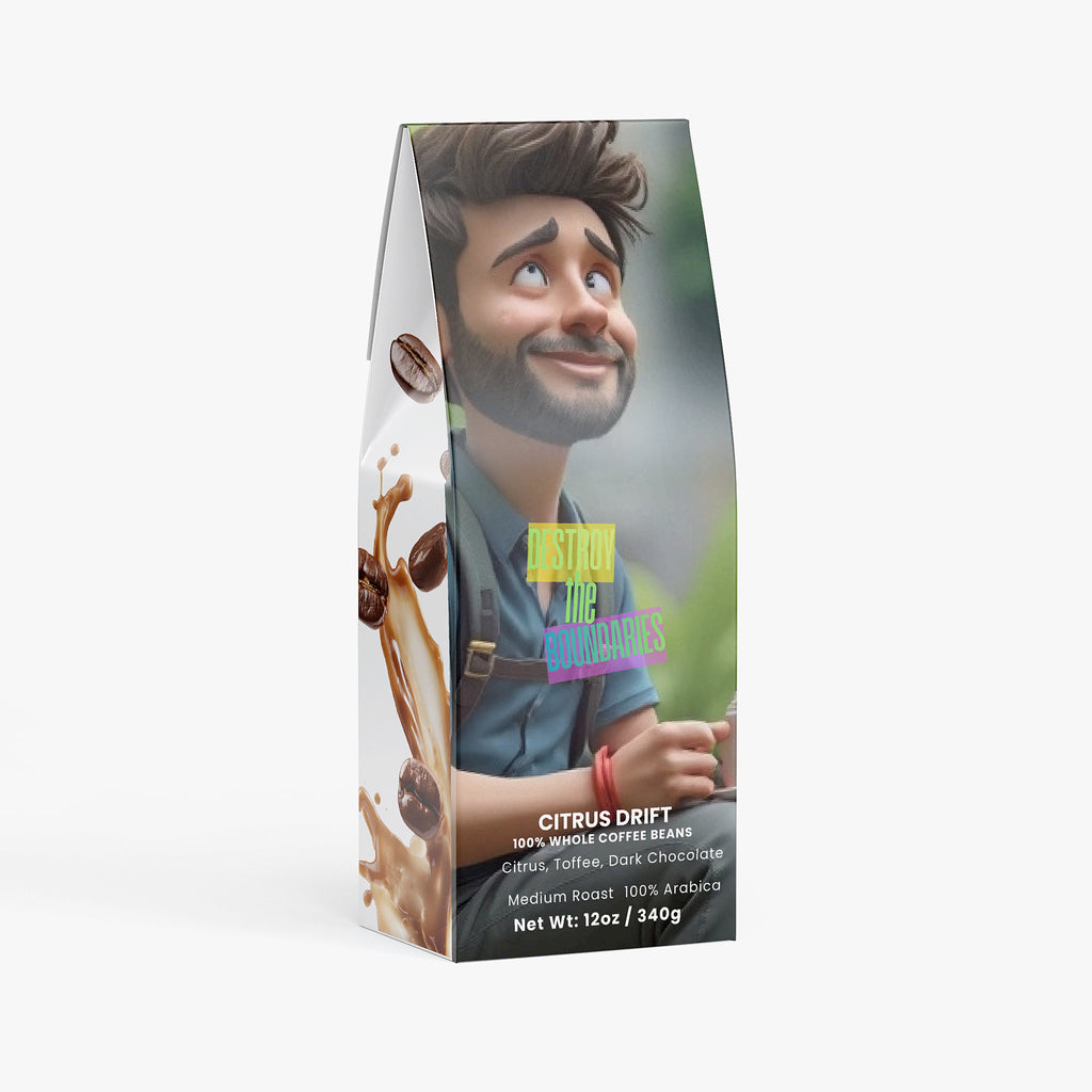 Coffee bean package with a person and coffee graphics on a white background