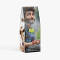 Coffee bean package with a person and coffee graphics on a white background