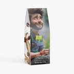 Coffee bean package with a person and coffee graphics on a white background