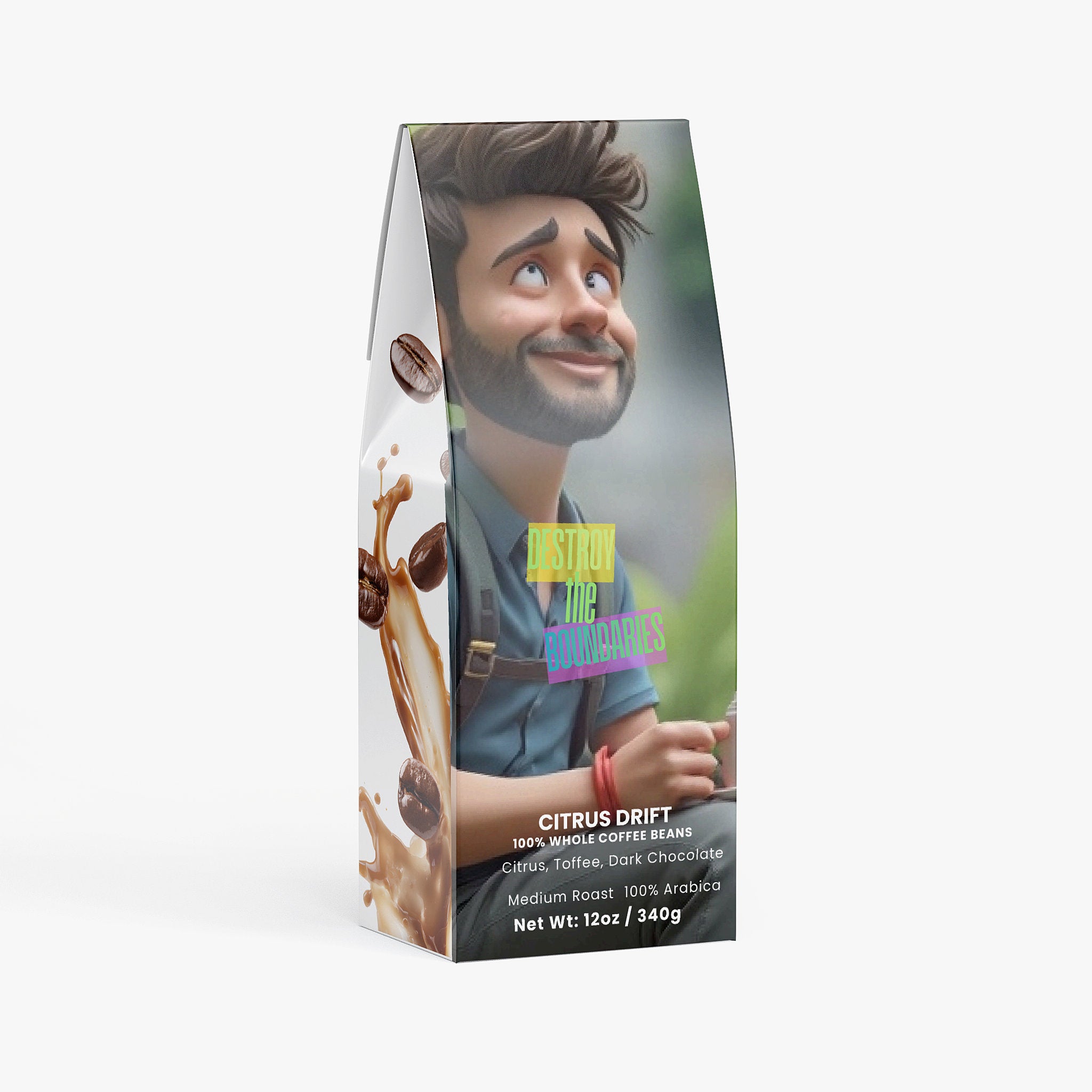 Coffee bean package with a person and coffee graphics on a white background