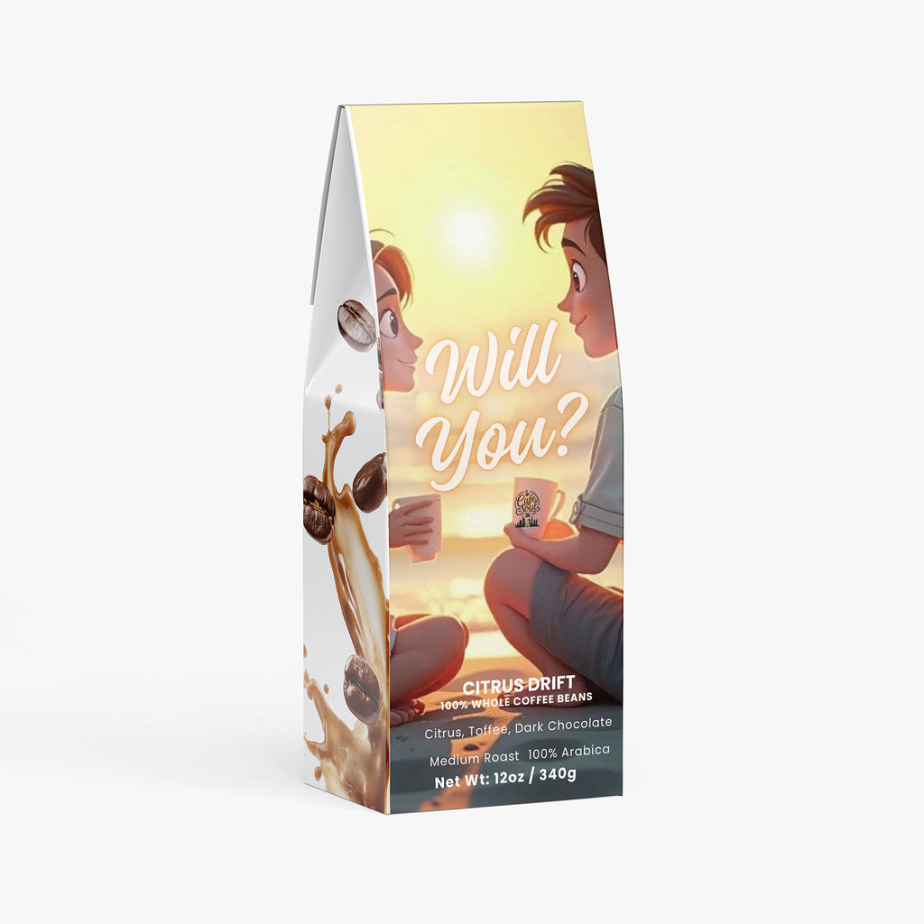 Coffee bag with romantic design featuring two people and the text 'Will You?'.