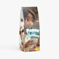 Coffee bag with a cartoon character holding a coffee cup and text 'Peace is priceless'.