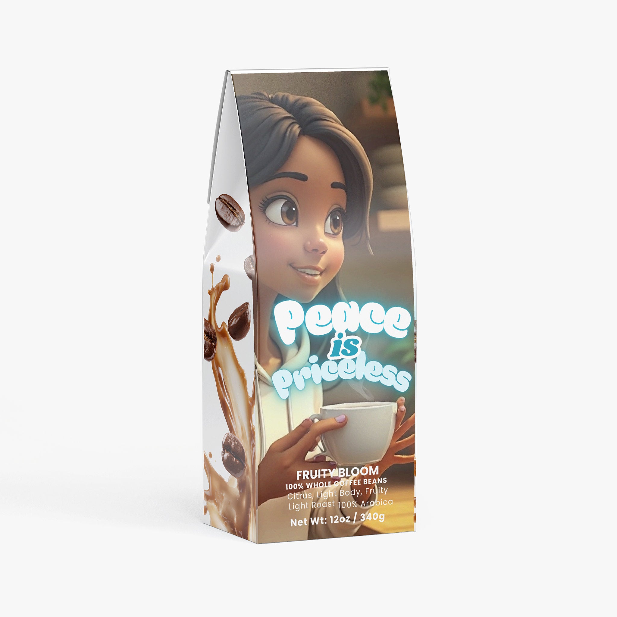 Coffee bag with a cartoon character holding a coffee cup and text 'Peace is priceless'.