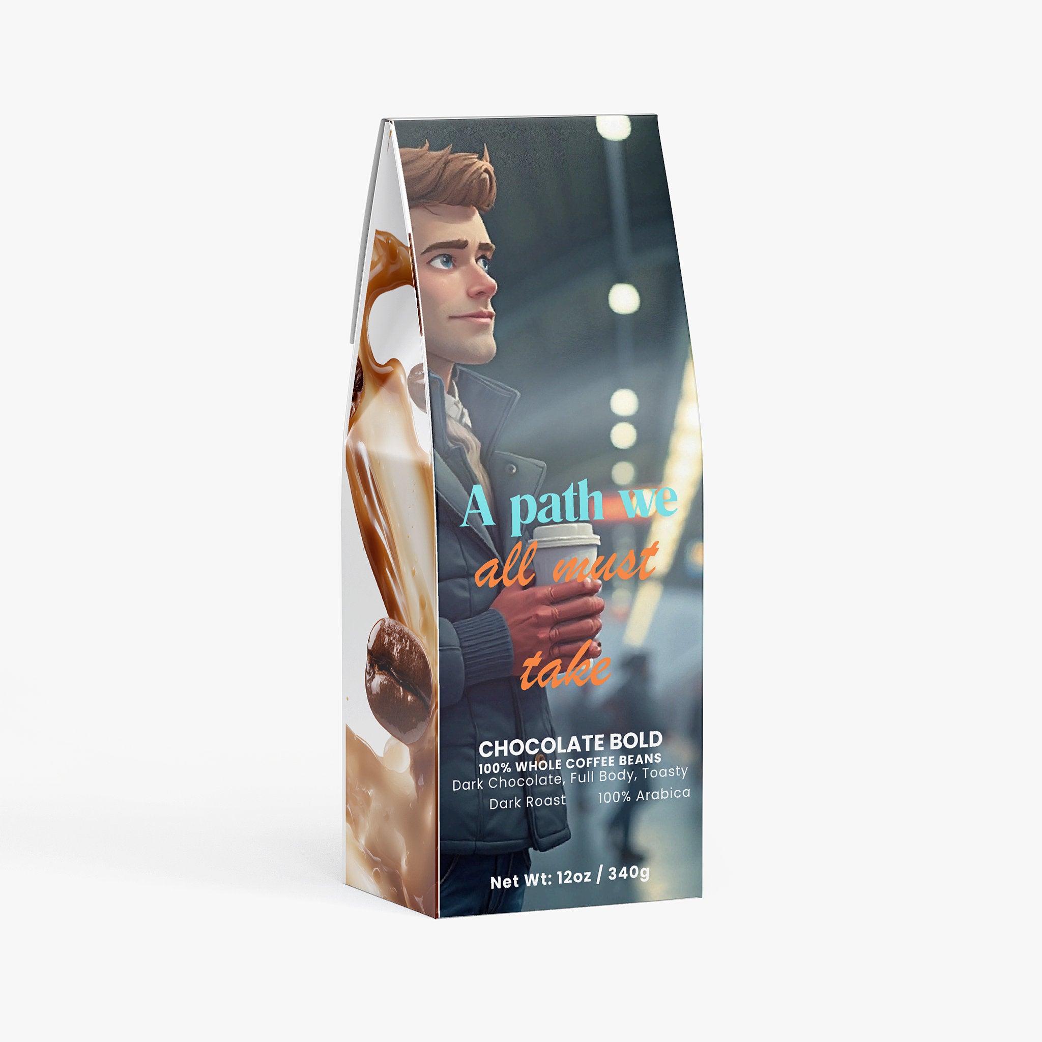 Coffee bean package with a person holding a coffee cup and text 'A path we all must take'.