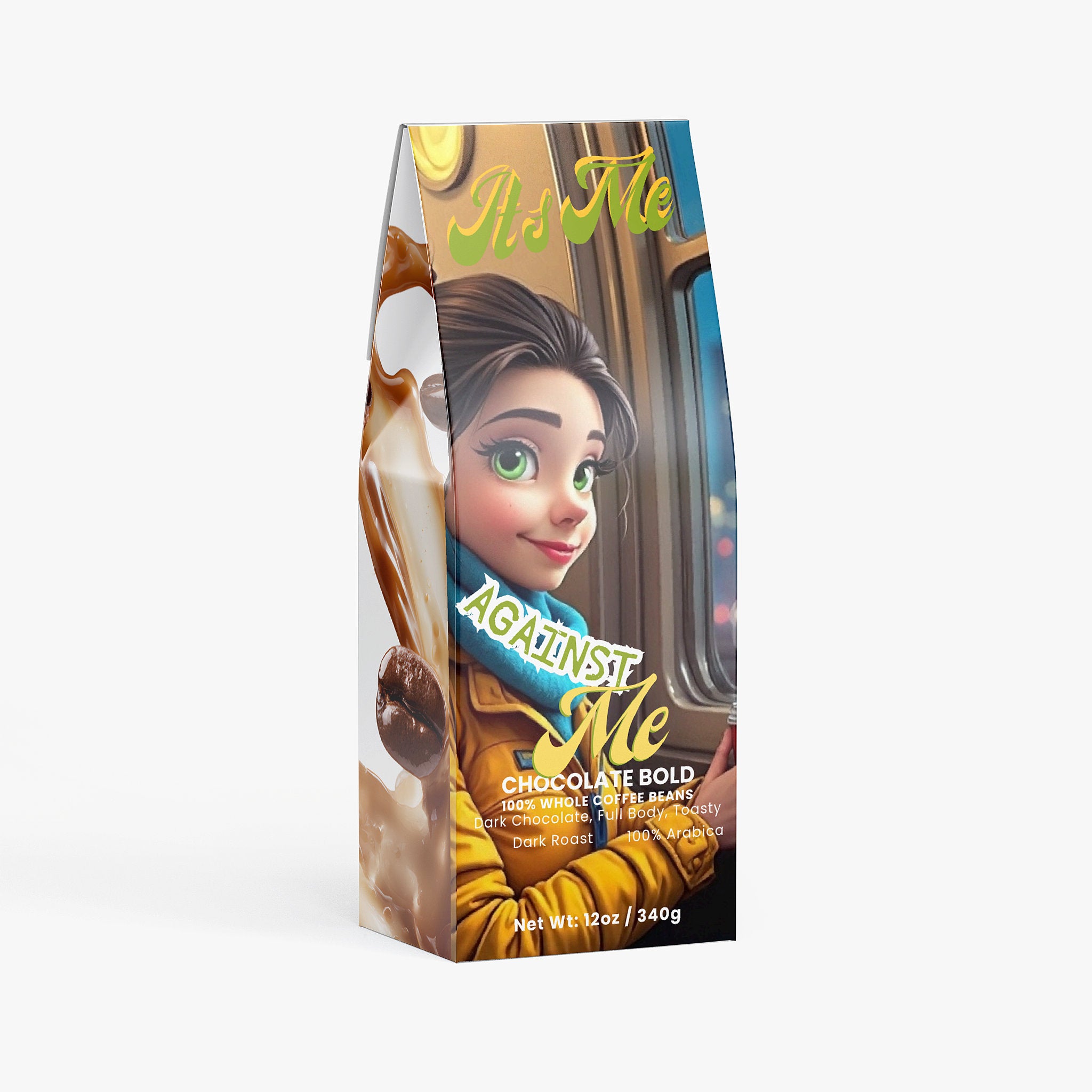 Coffee bean package with animated character and 'Against Me' branding on a white background