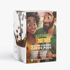 Box of Stronger Together Molten Caramel Coffee Pods with cartoon characters on a white background