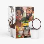 Coffee pod packaging with cartoon characters and a coffee cup on a white background