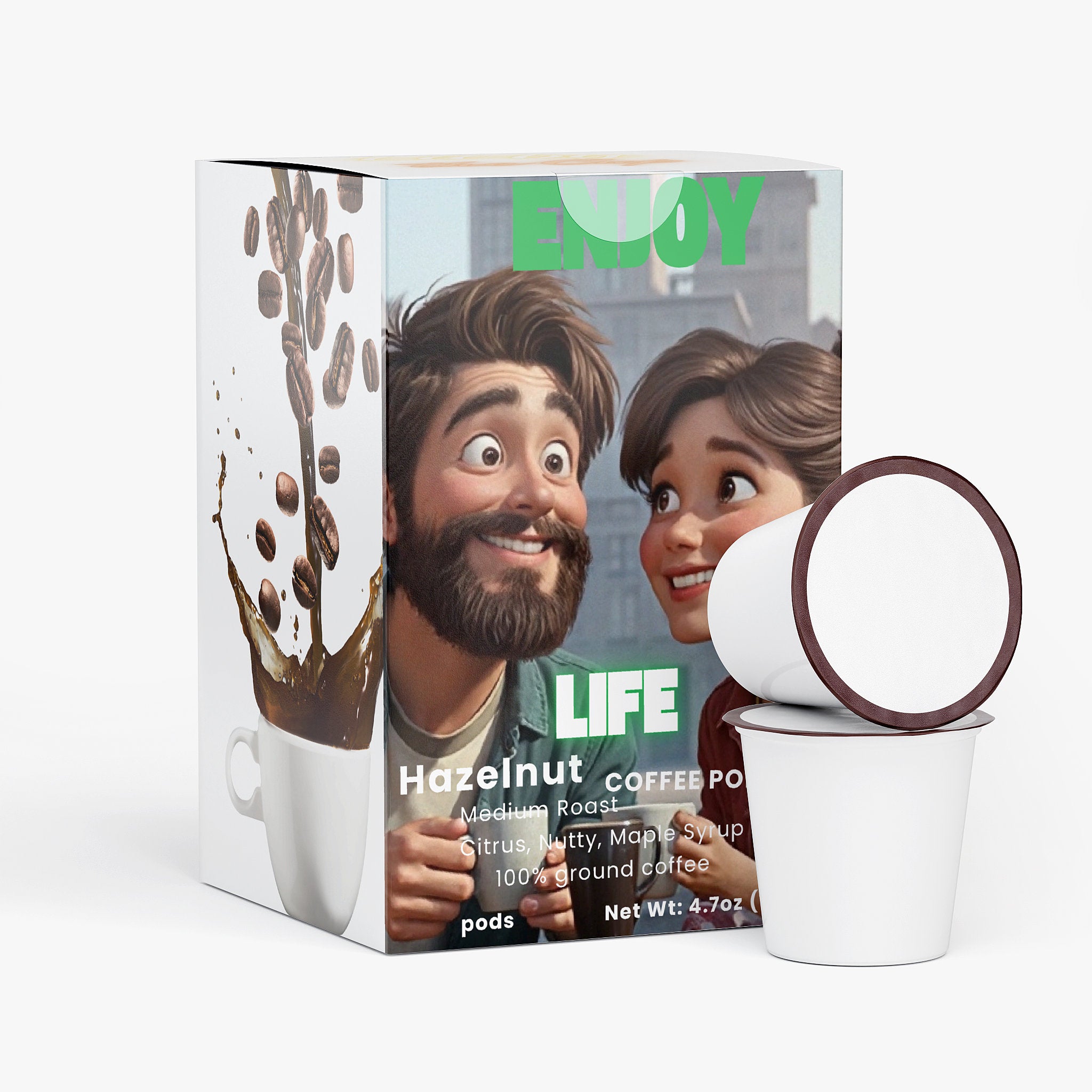 Life Hazelnut coffee pod packaging with a cartoon couple on a white background