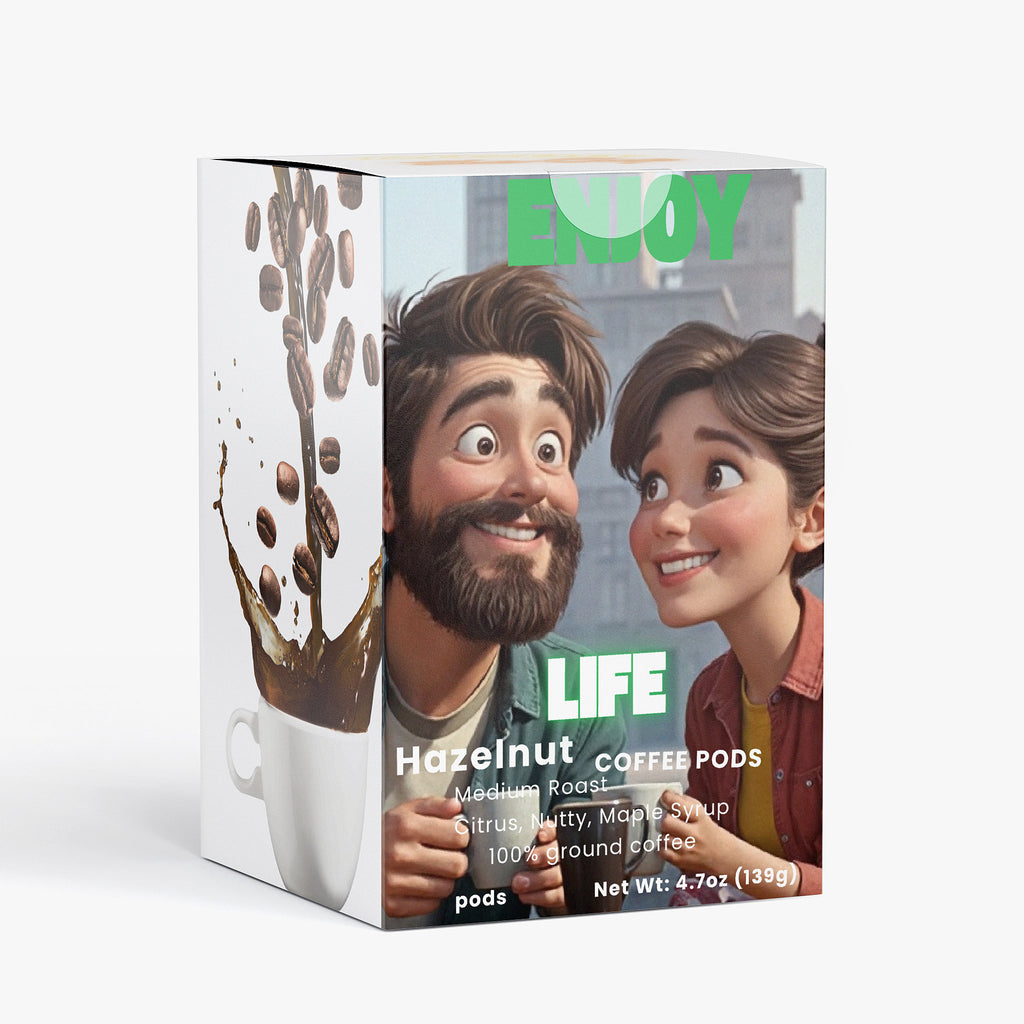 Box of Life Coffee Pods with a man and woman holding a coffee cup on a white background