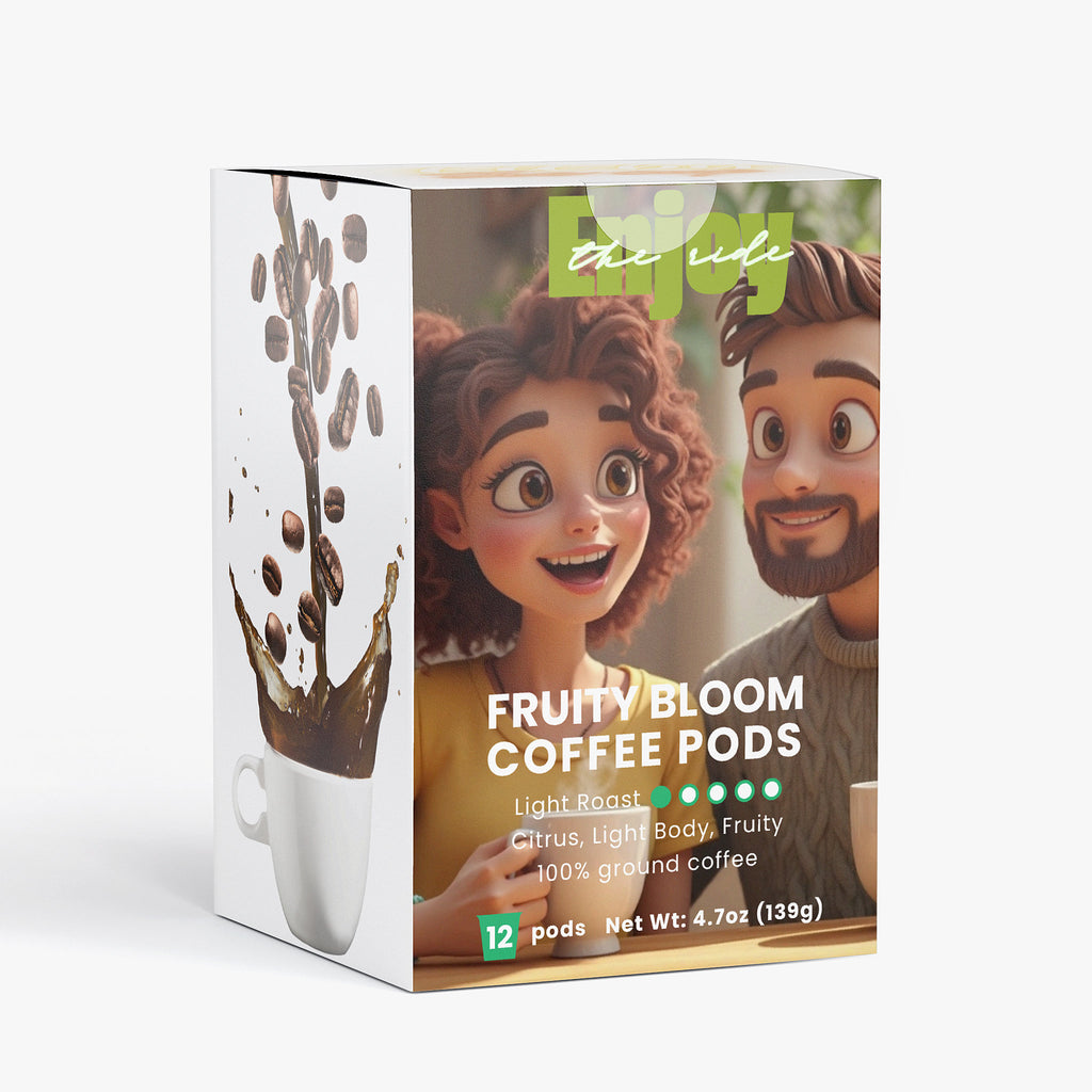 Box of Fruity Bloom coffee pods with cartoon characters on a white background