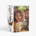 Box of Fruity Bloom coffee pods with cartoon characters on a white background