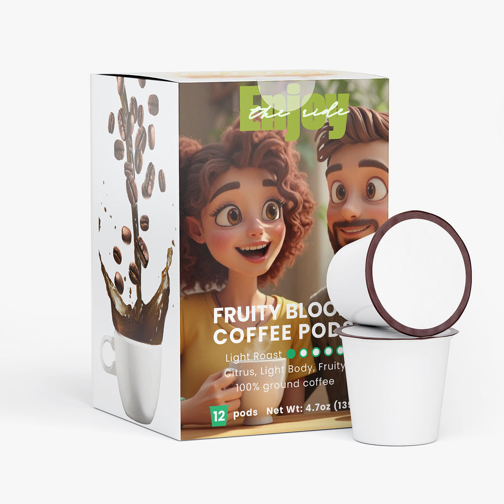 Fruity Bloom coffee pod packaging with cartoon characters on a white background