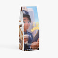 Coffee package with a character holding a coffee cup on a white background