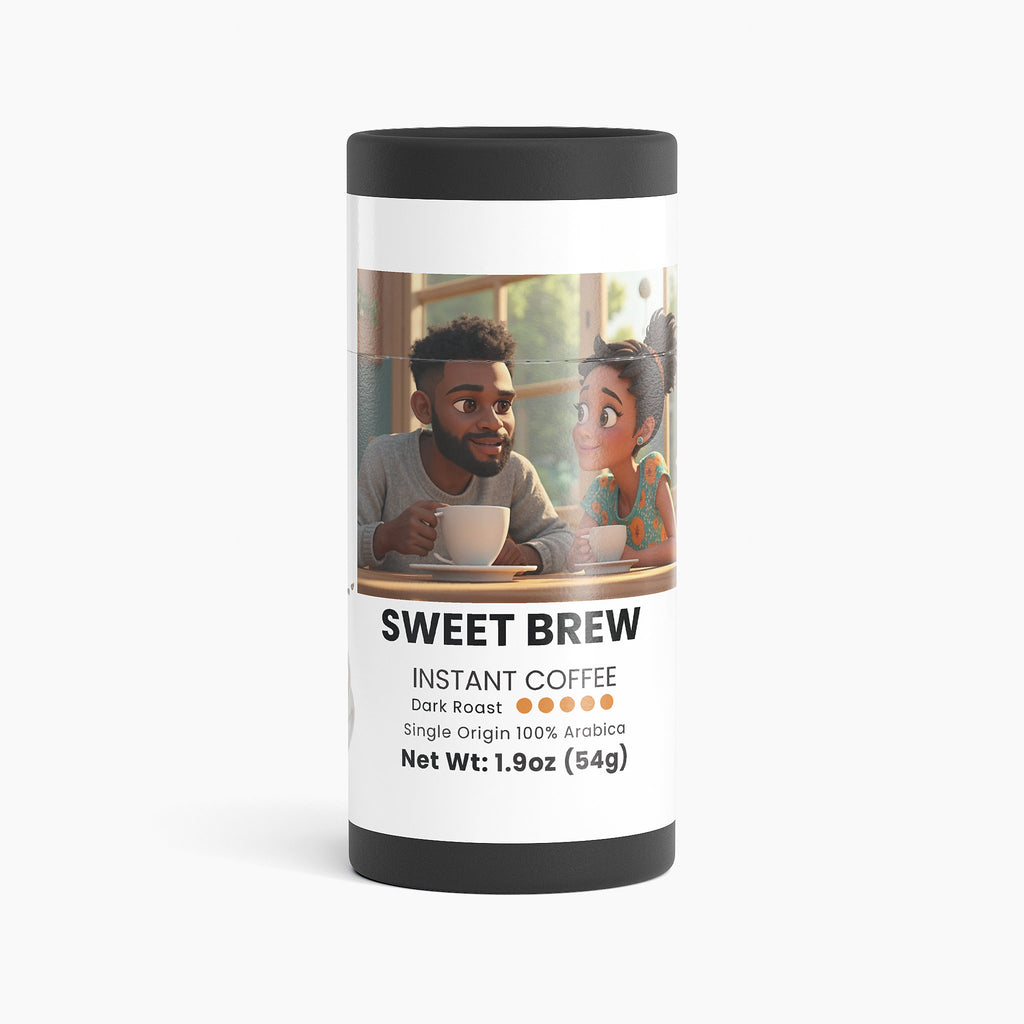 Sweet Brew instant coffee container with a photo of two people on the label