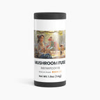 Mushroom Fuse instant coffee canister with a colorful label on a white background