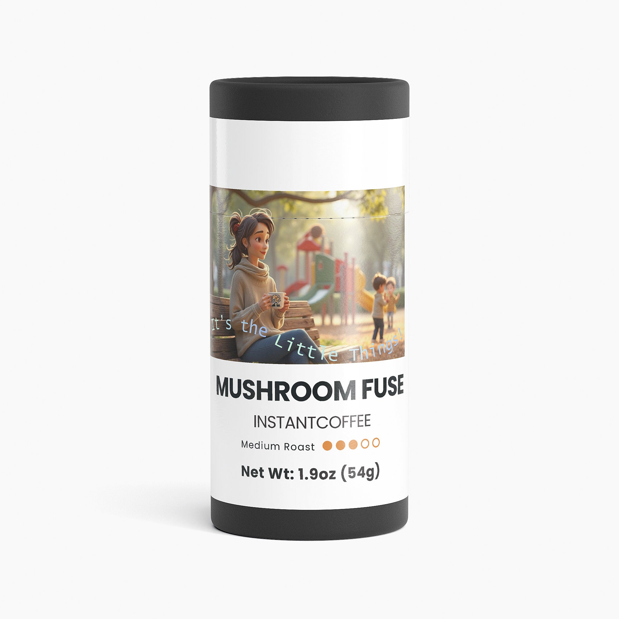Mushroom Fuse instant coffee canister with a colorful label on a white background